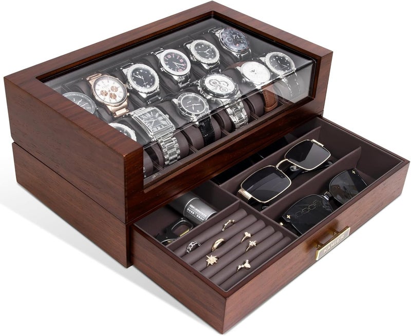 KAMIER High End Watch Box for Men, 12 Slot Wooden Watch Case With Drawer, Watch Display Box with Glass Lid, 2-Layer Watch Holder for Jewelry and Watch Storage for Men Women , Ideal for Gift (With Gift Box) - Image 1